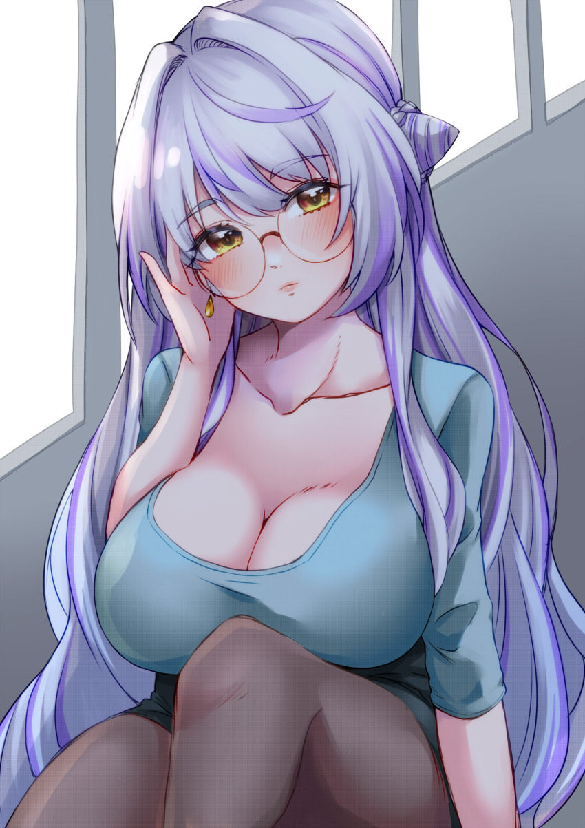 1girl, adjusting_eyewear, alternate_costume, bespectacled, blue_shirt, blush, braid, braided_bun
