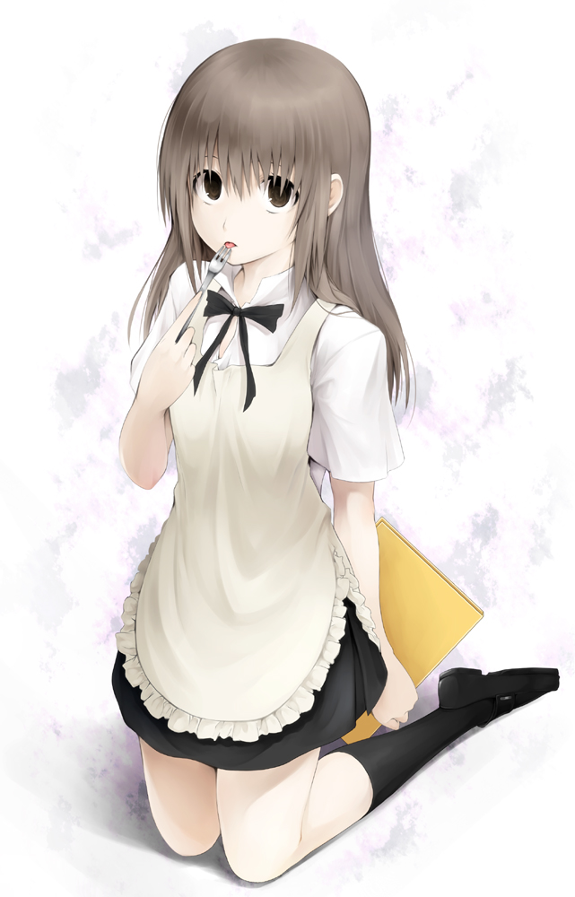 1girl, apron, bad_id, bad_pixiv_id, brown_eyes, brown_hair, female_focus, fork