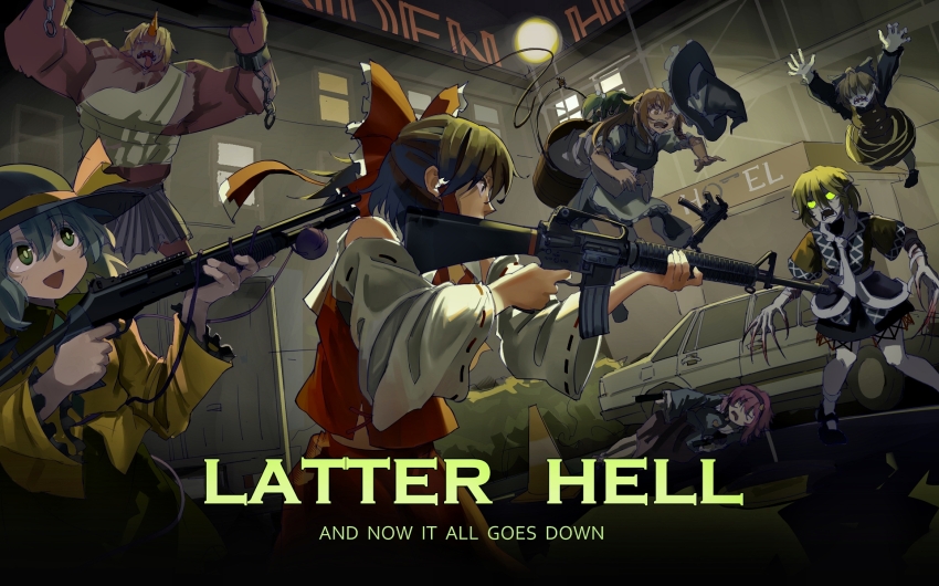 6+girls, apron, assault_rifle, benelli_m4_super_90, black_bow, black_footwear, black_hair, black_headwear