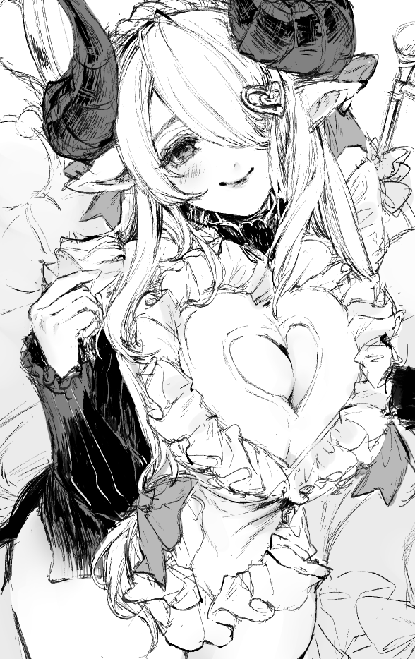 1girl, apron, blush, breasts, cleavage, cleavage_cutout, clothing_cutout, cowboy_shot, dress, frilled_apron, frills, granblue_fantasy, greyscale, hair_ornament, hair_over_one_eye, hand_up, heart, heart_cutout, heart_hair_ornament, horns, lipstick, long_bangs, long_hair, long_sleeves, looking_at_viewer, makeup, monochrome, narmaya_(granblue_fantasy), narmaya_(valentine)_(granblue_fantasy), official_alternate_costume, parted_bangs, pointy_ears, rakko-chan_genkou-chuu, solo