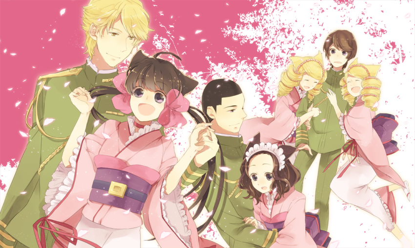 3boys, 4girls, agemaki_kei, animal_ears, arm_hug, bad_id, bad_pixiv_id, beads