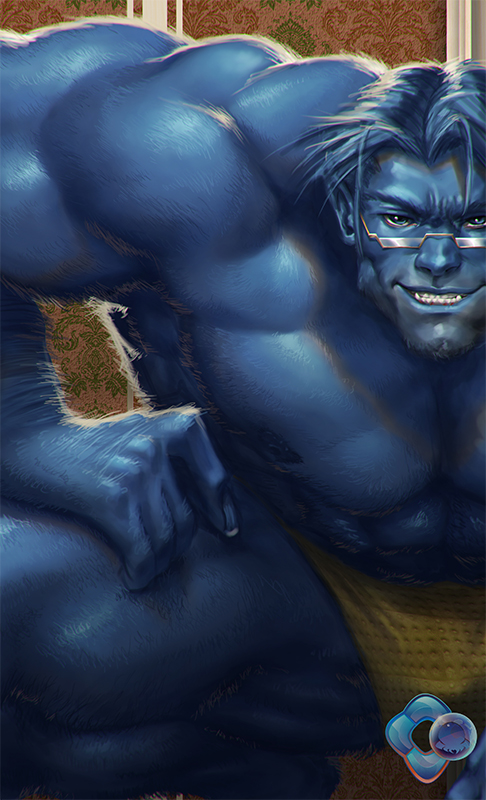1boy, bara, beard, beast_(x-men), blue_hair, blue_skin, body_fur, briefs, bulge, cheekbones, colored_skin, dr-conz, facial_hair, feet_out_of_frame, glasses, grin, hairy, large_hands, large_pectorals, male_focus, male_underwear, marvel, mature_male, muscular, muscular_arms, muscular_legs, muscular_male, nipples, pectorals, short_hair, smile, solo, squatting, thick_eyebrows, thighs, triceps, tusks, underwear, x-men, yellow_male_underwear