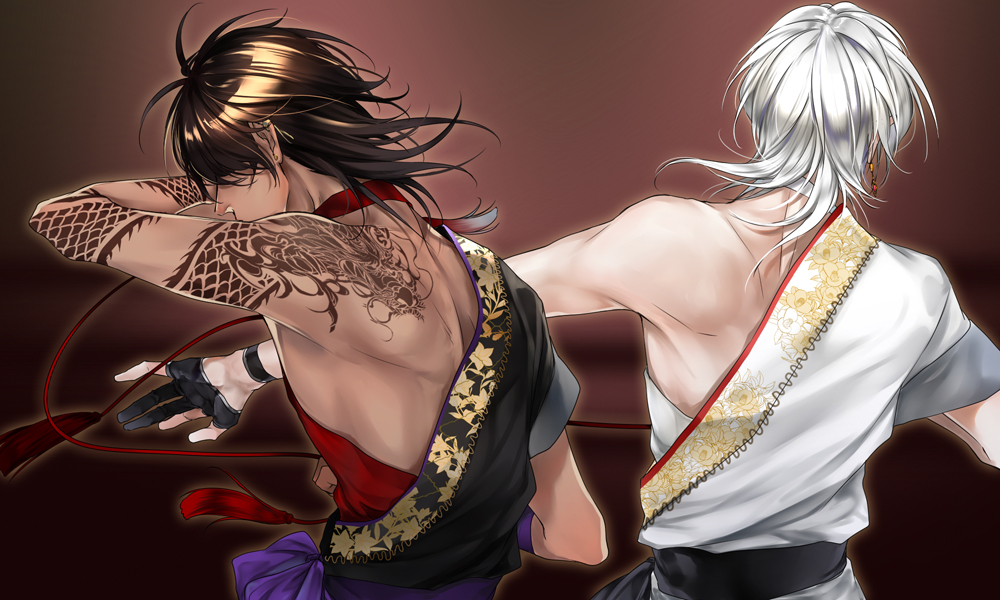 2boys, arm_tattoo, bare_shoulders, black_gloves, black_kimono, brown_hair, chinese_clothes, choker