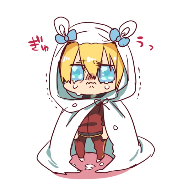 1boy, angry, animal_ears, blanket, blonde_hair, blue_bow, blue_eyes, bow