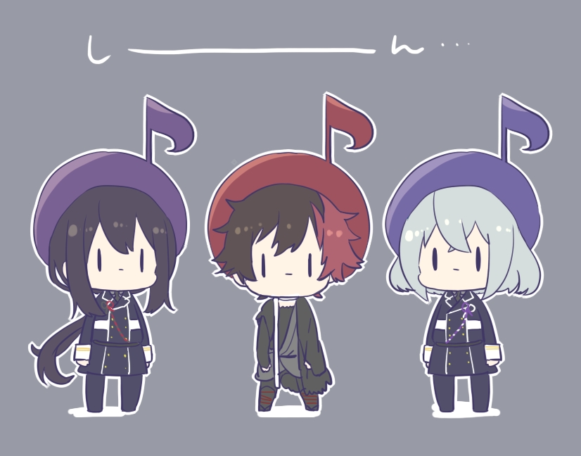 3boys, arms_at_sides, black_jacket, bob_cut, boots, buttons, chibi, double-breasted