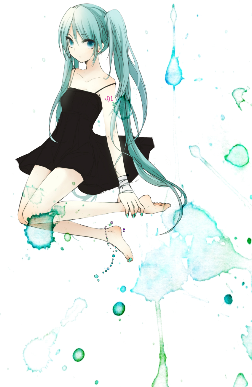 1girl, absurdres, aqua_eyes, aqua_hair, aqua_nails, artistic_error, bandages, barefoot