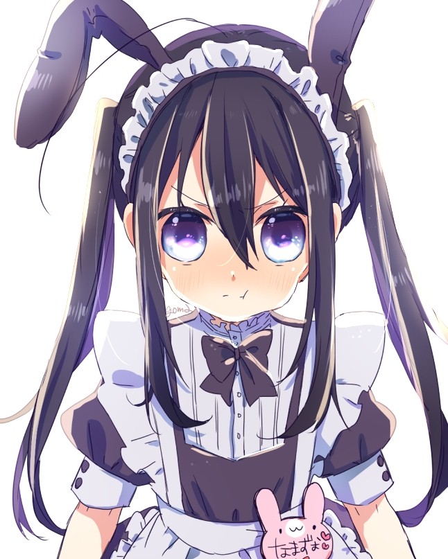 1boy, :t, alternate_hairstyle, androgynous, animal_ears, apron, arms_at_sides, black_bow, black_bowtie, black_dress, bow, bowtie, crossdressing, crossdressing_(mtf), dress, frilled_apron, frilled_shirt_collar, frills, goma_sodapop, hair_between_eyes, maid, maid_apron, male_focus, male_maid, multicolored_hair, namazuo_toushirou, puffy_short_sleeves, puffy_sleeves, purple_eyes, purple_hair, rabbit_ears, short_sleeves, simple_background, solo, touken_ranbu, trap, twintails, two-tone_hair, upper_body, white_apron, white_background