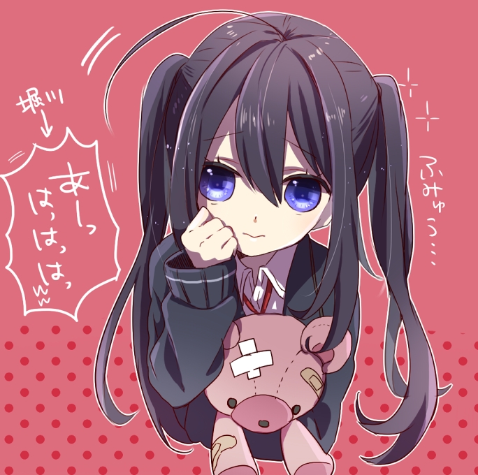 1boy, 3:, alternate_hairstyle, androgynous, bandaid, black_cardigan, black_hair, blue_eyes, cardigan, collared_shirt, cropped_torso, goma_sodapop, hand_up, holding, holding_stuffed_toy, looking_at_viewer, male_focus, namazuo_toushirou, red_background, shirt, solo, stuffed_animal, stuffed_toy, teddy_bear, touken_ranbu, trap, twintails, white_shirt