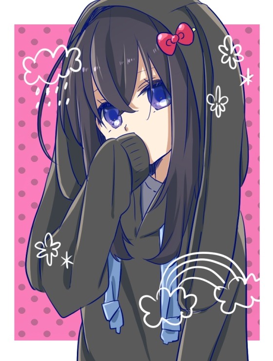 1boy, androgynous, animal_hood, black_hair, blue_eyes, bow, drawstring, goma_sodapop, hair_down, hand_up, hood, long_hair, long_sleeves, looking_at_viewer, male_focus, namazuo_toushirou, outside_border, pink_bow, polka_dot, polka_dot_background, rabbit_hood, rainbow, sleeves_past_fingers, sleeves_past_wrists, solo, touken_ranbu, upper_body