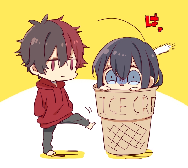 2boys, :|, ahoge, barefoot, black_hair, black_pants, blue_eyes, chibi