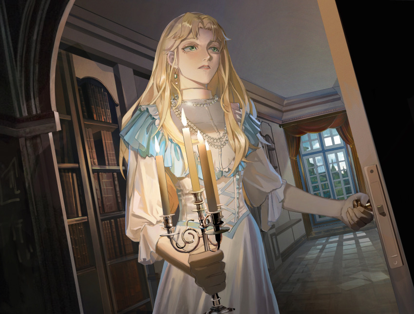 1girl, absurdres, audrey_hall, blonde_hair, book, bookshelf, candelabra, candle