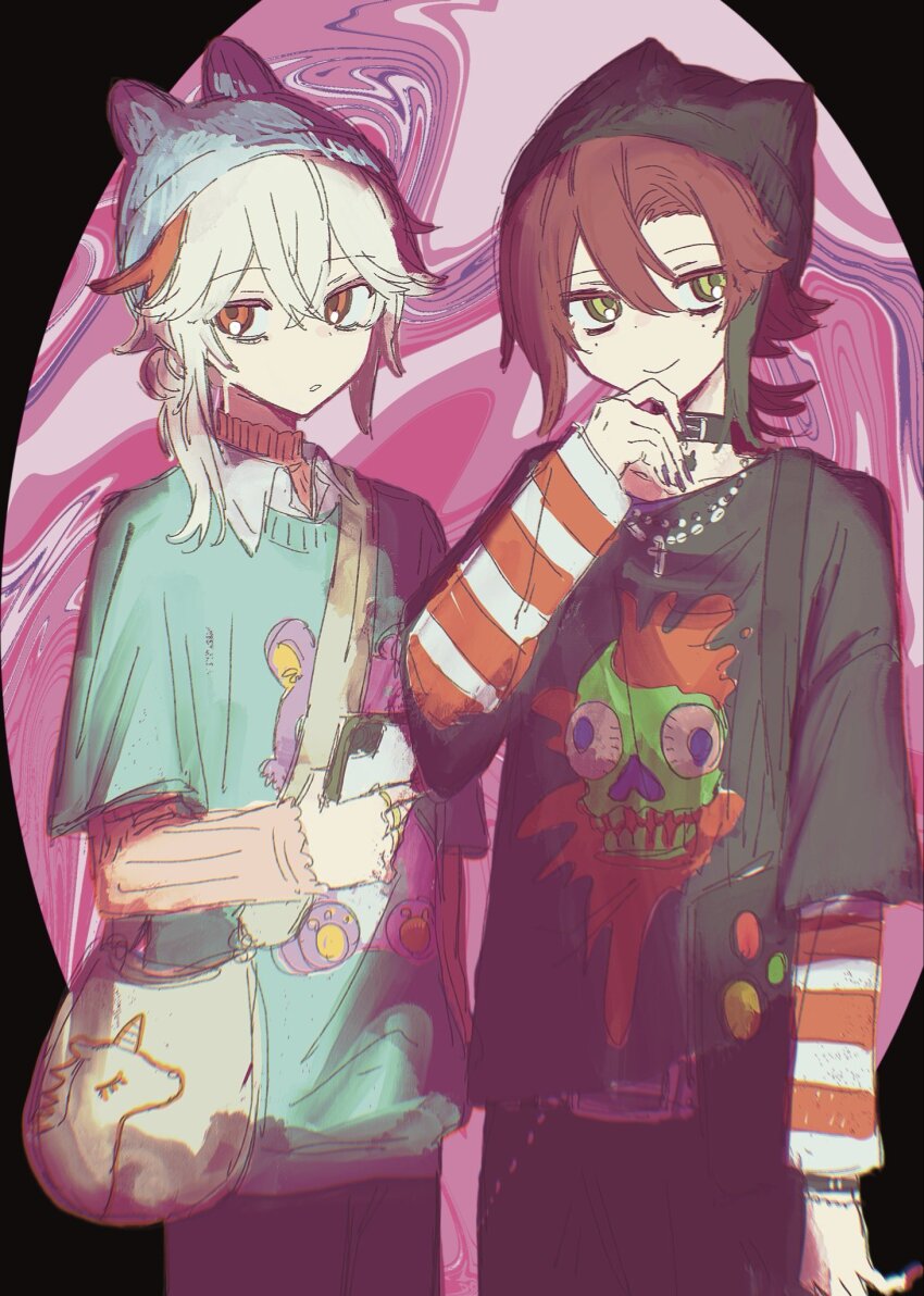 2boys, alternate_costume, animal_hands, bag, black_choker, black_hair, black_headwear, black_nails