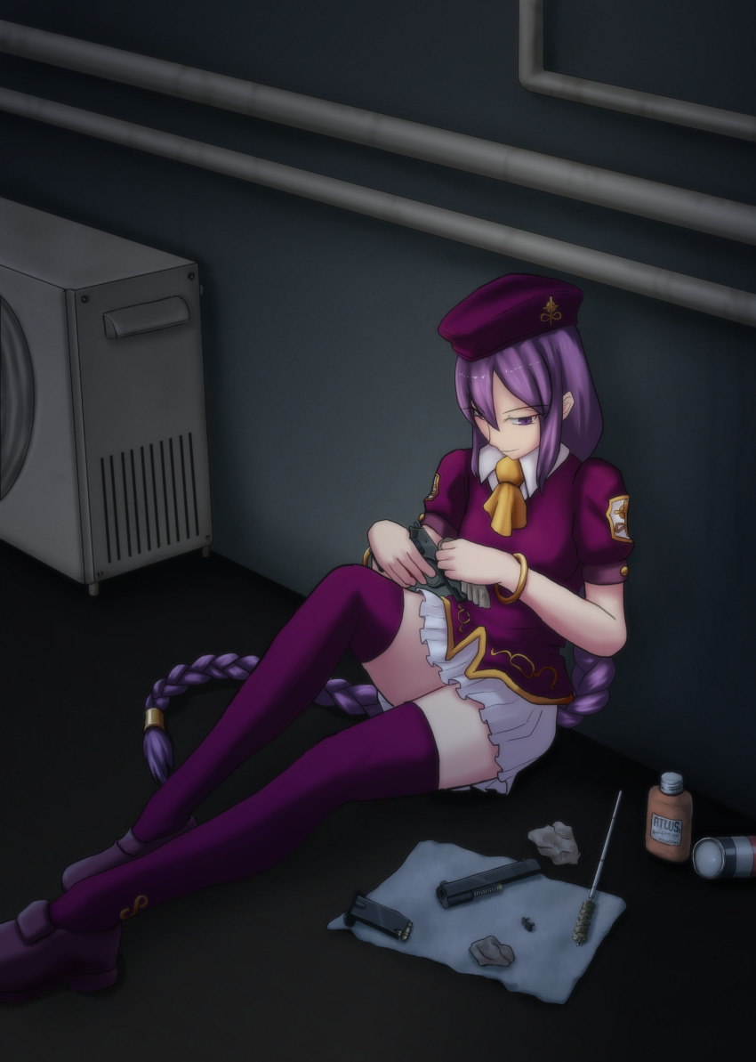 1girl, absurdres, atlus, cleaning_gun, cz_75, girl_only, gold_trim, gun, handgun, highres, long_braid, melty_blood, purple_eyes, purple_hair, purple_shirt, purple_stockings, shirt, sion_eltnam_(type-moon), sion_eltnam_atlasia, skirt, thighhighs, tsukihime, weapon, white_skirt, zettai_ryouiki