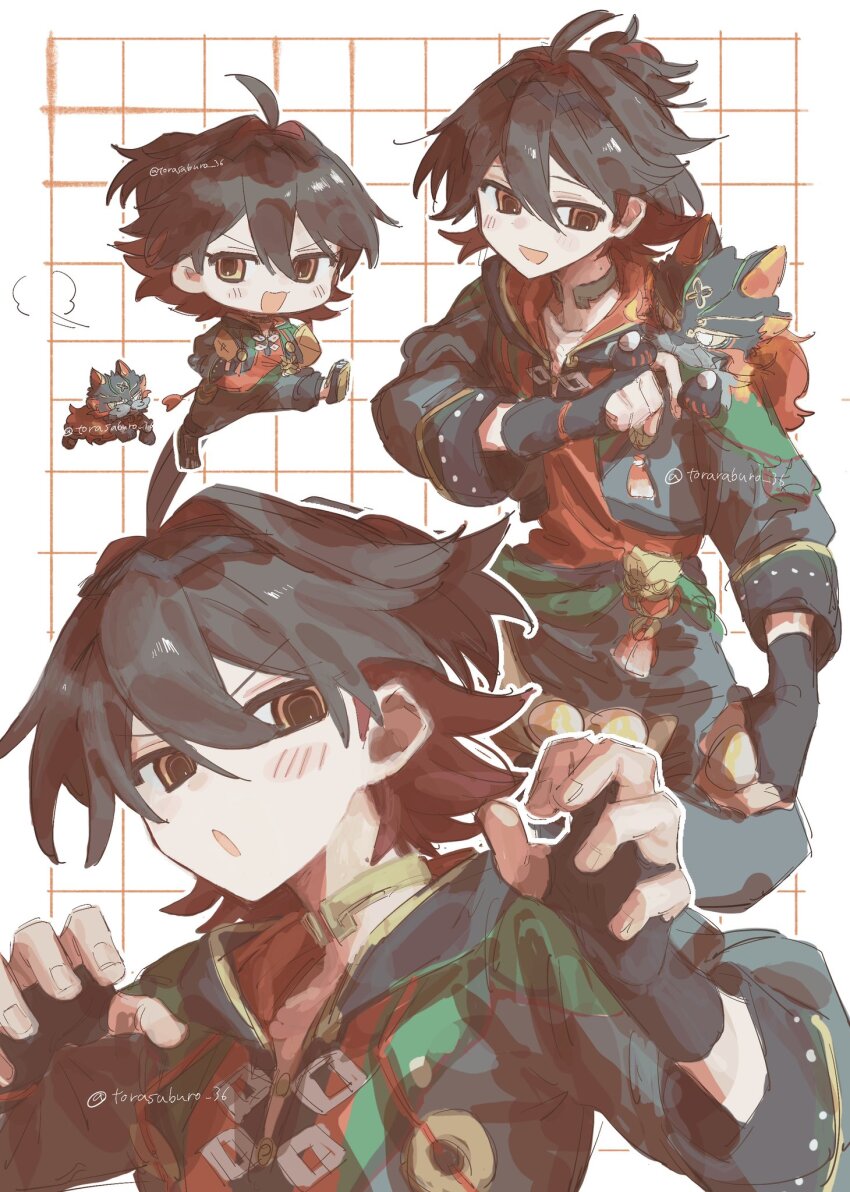 1boy, animal, animal_on_shoulder, black_gloves, black_hair, blush, brown_eyes, chibi