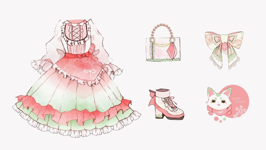 adapted_costume, animal, bag, bow, clothed_animal, clothes_focus, cross-laced_footwear, dress
