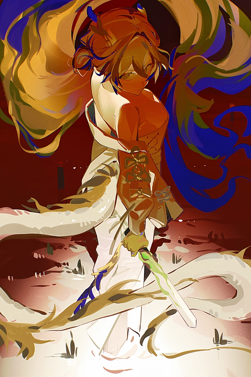 1girl, absurdres, arknights, chongli_shabi, coat, hair_spread_out, highres, long_hair, looking_at_viewer, multicolored_hair, open_clothes, open_coat, pointy_ears, shu_(arknights), solo, streaked_hair, two-tone_hair, very_long_hair