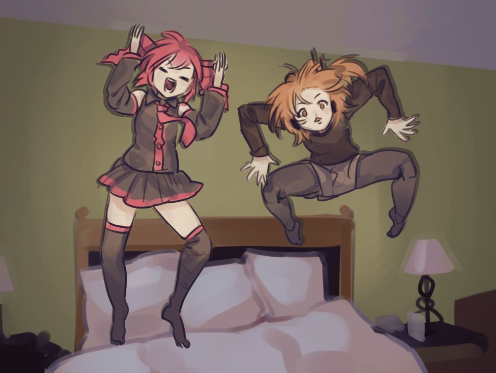 2girls, :3, a.i._voice, adachi_rei, black_pantyhose, black_shirt, black_skirt, black_sleeves