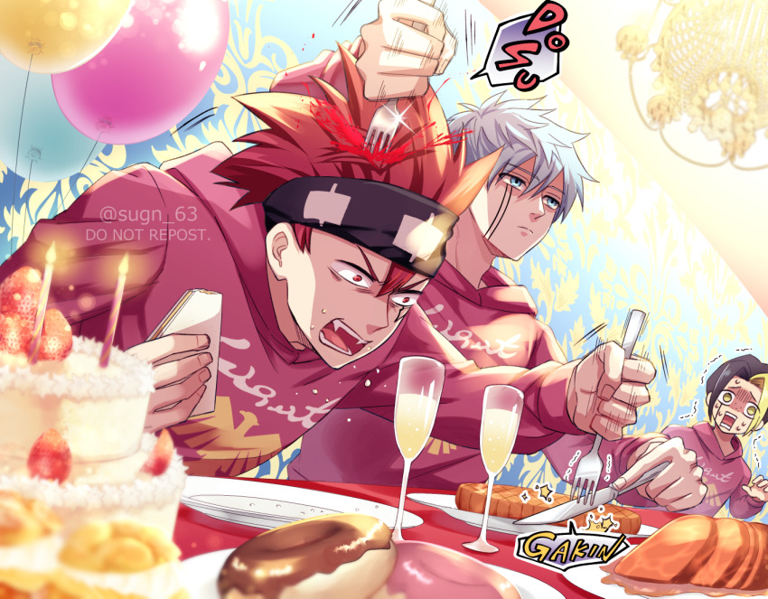 3boys, balloon, black_headband, blood, blue_eyes, blue_hair, cake, candle