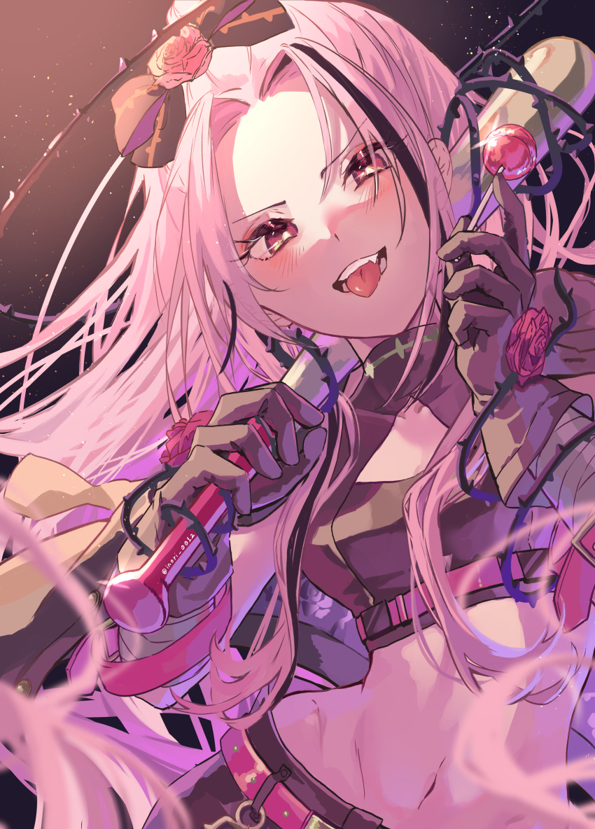 1girl, absurdres, bandaged_arm, bandages, baseball_bat, blush, bow, breasts, candy, cleavage, cleavage_cutout, clothing_cutout, fang, floating_hair, flower, food, glint, gloves, hair_bow, hair_flower, hair_ornament, halo, highres, holding, holding_baseball_bat, holding_candy, holding_food, holding_lollipop, inori_002, jacket, jacket_on_shoulders, lollipop, long_hair, looking_at_viewer, medium_breasts, midriff, multicolored_hair, narrow_waist, navel, nijisanji, nijisanji_en, pink_hair, plant, red_eyes, red_flower, red_rose, rose, rosemi_lovelock, rosemi_lovelock_(demon_delinquent), solo, streaked_hair, thorns, tongue, tongue_out, very_long_hair, vines, virtual_youtuber