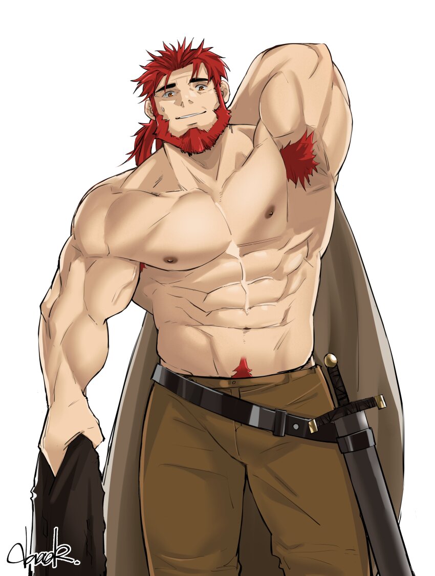 1boy, abs, absurdres, bara, beard, belgrieve_(s-rank_musume), boukensha_ni_naritai_to_miyako_ni_deteitta_musume_ga_s_rank_ni_natteta, brown_eyes