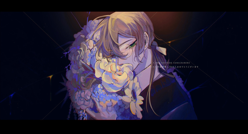 1boy, absurdres, albert_parker, black_background, black_border, blue_flower, border, bouquet