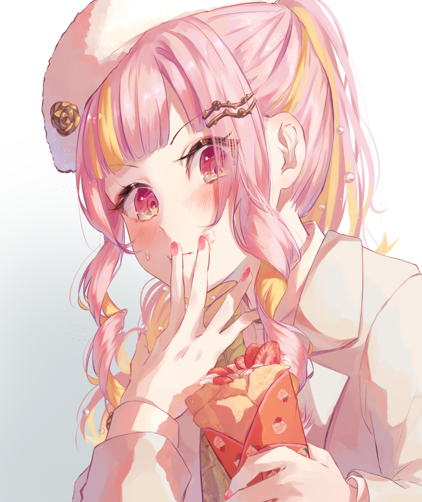 1girl, beret, blunt_bangs, closed_mouth, cream, cream_on_face, crepe, eyes_visible_through_hair, food, food_on_face, fruit, hair_ornament, hairclip, hand_to_own_mouth, hat, highres, holding, holding_crepe, holding_food, inori_002, looking_at_viewer, multicolored_hair, nijisanji, nijisanji_en, pink_hair, pink_nails, red_eyes, rosebud_(rosemi_lovelock), rosemi_lovelock, rosemi_lovelock_(fall_casual), solo, strawberry, streaked_hair, sweatdrop, virtual_youtuber, water_drop