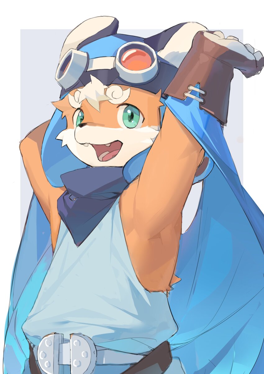 1boy, absurdres, animal_ears, armpits, arms_up, blue_shirt, brown_gloves, chinese_commentary