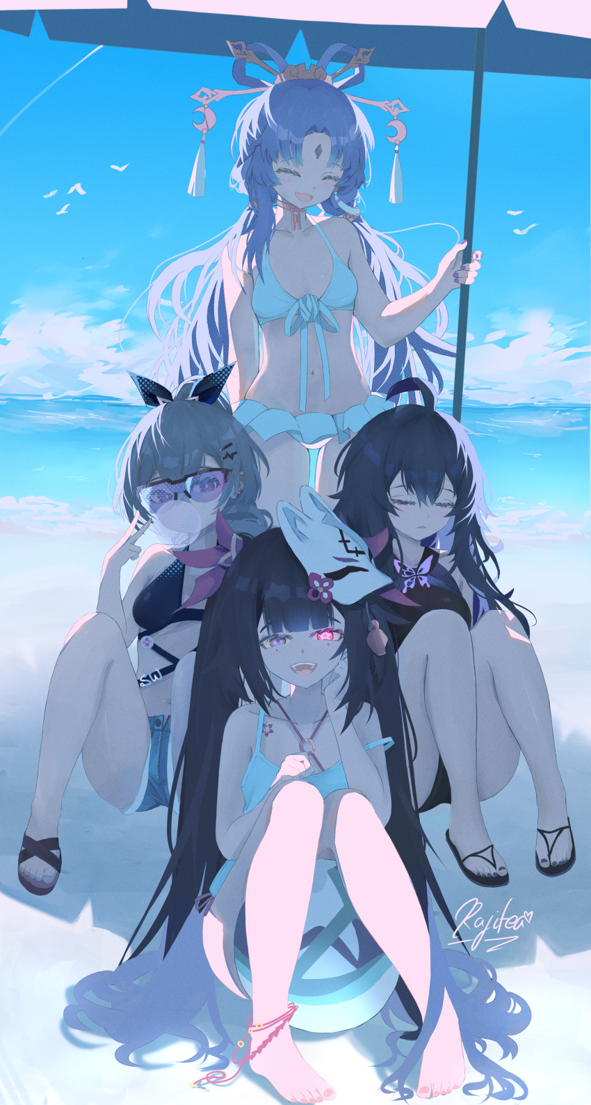 4girls, absurdly_long_hair, absurdres, anklet, artist_name, ball, barefoot, beach