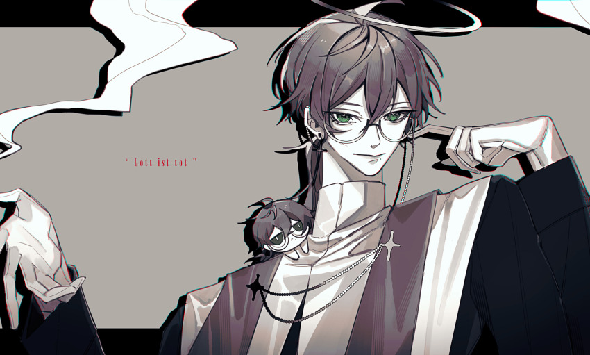 1boy, :<, albert_parker, black_border, border, cassock, character_doll, cross