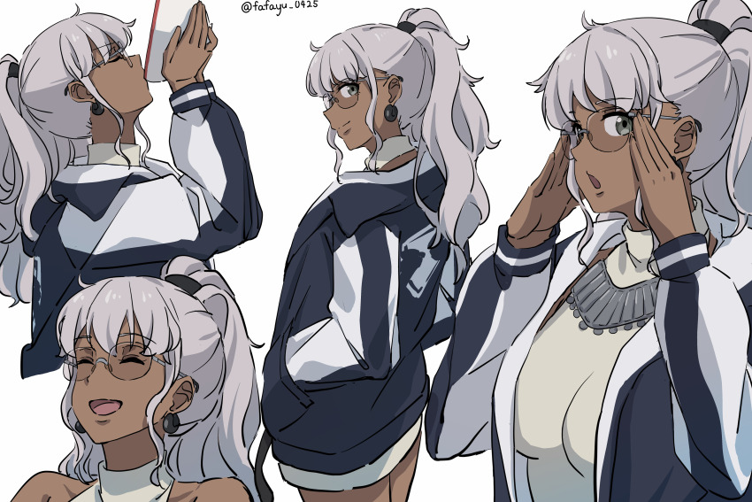 1girl, ^_^, absurdres, adjusting_eyewear, blue_jacket, breasts, chinese_commentary, closed_eyes