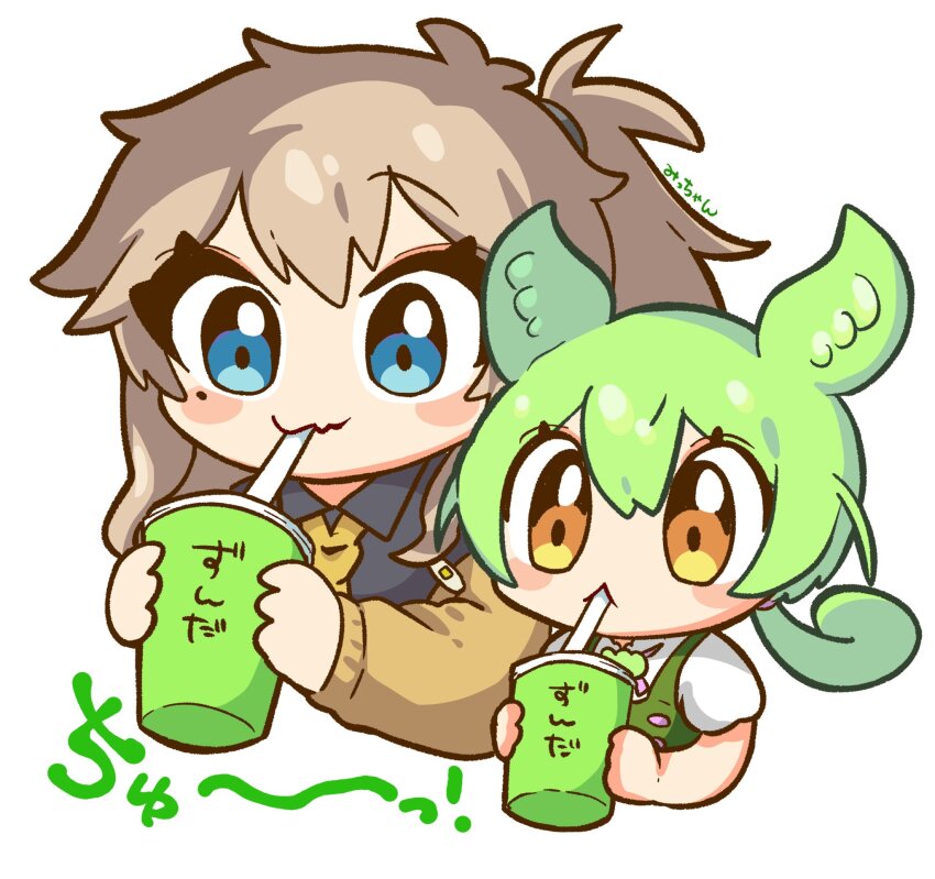 2girls, :3, artist_name, black_shirt, blue_eyes, blush_stickers, brown_cardigan, brown_hair, cardigan, chibi, commentary_request, cropped_torso, drink, drinking, drinking_straw, drinking_straw_in_mouth, fang, green_hair, green_overalls, highres, holding, holding_drink, kasukabe_tsumugi, long_hair, long_sleeves, low_ponytail, micchan_(bonyu0430), multiple_girls, necktie, one_side_up, open_cardigan, open_clothes, overalls, ponytail, shirt, short_sleeves, side-by-side, simple_background, skin_fang, smile, thick_eyelashes, upper_body, voicevox, white_shirt, yellow_eyes, yellow_necktie, zundamon