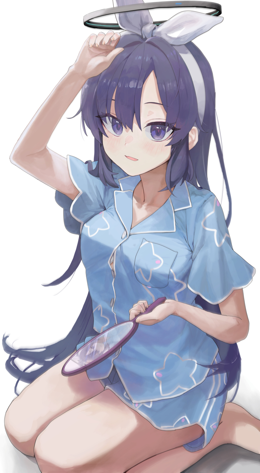 1girl, absurdres, blue_archive, blue_pajamas, blush, bra, breast_pocket, breasts