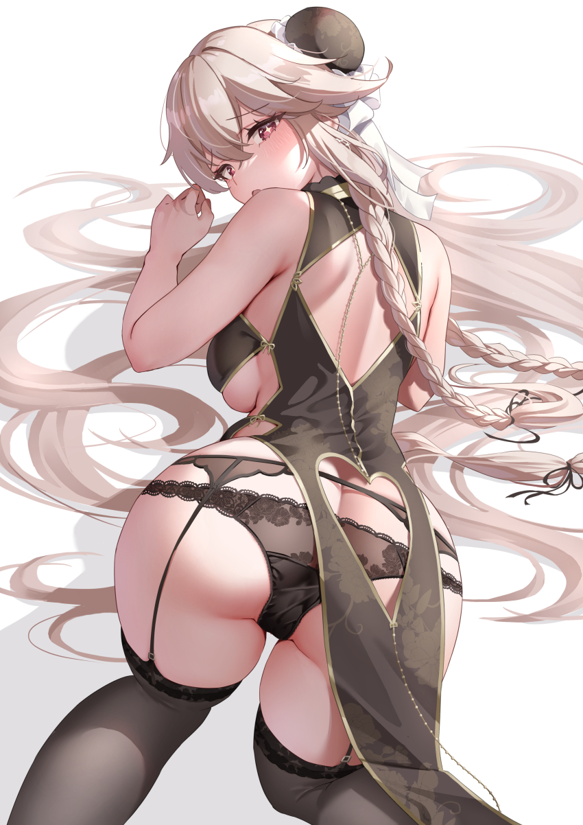 1girl, absurdres, anchorage_(azur_lane), anchorage_(moonlit_boat_ride)_(azur_lane), ass, azur_lane, back_cutout, bare_arms, bare_shoulders, bent_over, black_dress, black_panties, black_thighhighs, blonde_hair, blush, braid, breasts, bun_cover, butt_crack, classic_(zildjian33), clothing_cutout, commentary_request, double_bun, dress, embarrassed, from_behind, garter_belt, garter_straps, hair_bun, highres, lace, lace-trimmed_legwear, lace-trimmed_panties, lace_trim, large_breasts, long_hair, looking_at_viewer, looking_back, open_mouth, panties, red_eyes, simple_background, skindentation, solo, thick_thighs, thighhighs, thighs, twin_braids, underboob, underwear, very_long_hair, white_background