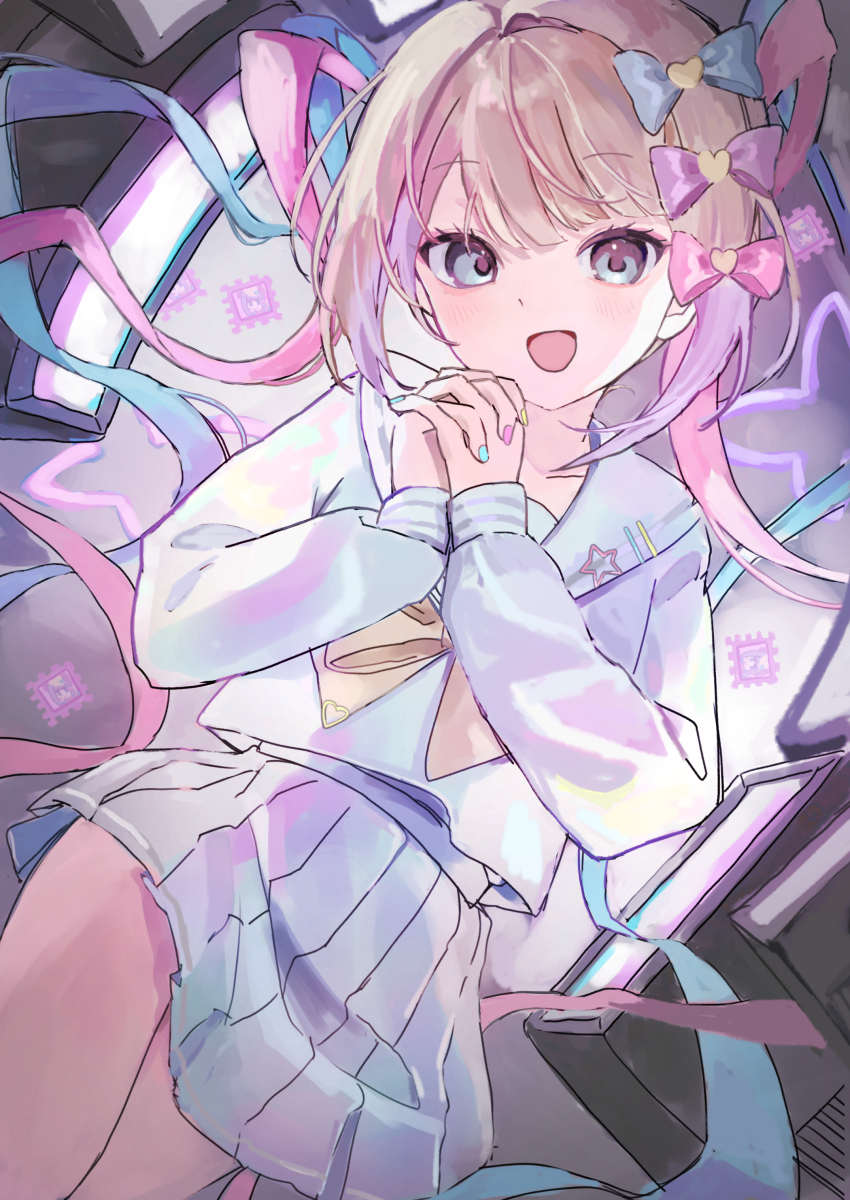 1girl, :d, absurdres, blonde_hair, blue_bow, blue_eyes, blue_hair, blue_nails, blue_serafuku, blue_shirt, blue_skirt, bow, bowtie, charlotte11037, chouzetsusaikawa_tenshi-chan, commentary, cowboy_shot, english_commentary, hair_bow, highres, long_hair, multicolored_hair, multicolored_nails, multiple_hair_bows, needy_girl_overdose, open_mouth, own_hands_clasped, own_hands_together, pink_bow, pink_hair, pink_nails, purple_bow, quad_tails, sailor_collar, school_uniform, serafuku, shirt, skirt, smile, solo, twintails, very_long_hair, yellow_bow, yellow_bowtie, yellow_nails