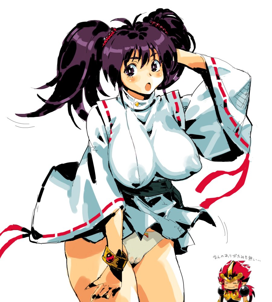 1boy, 1girl, :o, alternate_breast_size, black_hair, blue_eyes, blush, bracelet, breasts, cameltoe, chibi, clothes_lift, demon_boy, dress, dress_lift, enno_chiaki, fang, hand_in_own_hair, japanese_clothes, jewelry, kishin_douji_zenki, long_hair, long_twintails, medium_breasts, miko, panties, puchidori, purple_hair, red_hair, red_ribbon, ribbon, short_dress, solo, standing, translation_request, underwear, watermark, white_background, white_panties, wide_hips, zenki