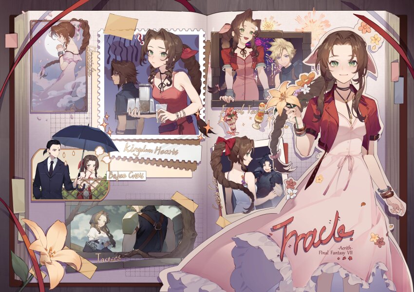 ?, absurdres, aerith_gainsborough, arm_strap, armor, bangle, bare_arms, bare_shoulders, basket, before_crisis:_final_fantasy_vii, belt, bindi, black_hair, black_jacket, black_necktie, black_suit, blonde_hair, blue_eyes, blue_shirt, bow, bracelet, braid, braided_ponytail, breasts, brown_belt, brown_hair, buttons, character_name, choker, closed_eyes, closed_mouth, cloud, cloud_strife, cloudy_sky, collared_shirt, cowboy_shot, crisis_core:_final_fantasy_vii, cropped_jacket, cup, curly_hair, dissidia_final_fantasy, dress, earrings, elbow_carry, falling_petals, fence, final_fantasy, final_fantasy_tactics, final_fantasy_vii, final_fantasy_vii_rebirth, final_fantasy_vii_remake, final_fantasy_viii, fireworks, floating_earrings, flower, flower_basket, flower_choker, food, formal_clothes, full_moon, gondola, green_eyes, grey_eyes, grey_skirt, hair_bow, hair_ribbon, hair_slicked_back, halter_dress, halterneck, headscarf, highres, holding, holding_basket, holding_cup, holding_flower, holding_tray, holding_umbrella, jacket, jewelry, juliet_sleeves, kingdom_hearts, lilith-lily, lily_(flower), long_dress, long_hair, long_sleeves, looking_at_another, looking_at_viewer, loose_belt, medium_breasts, medium_hair, moon, necktie, off-shoulder_dress, off_shoulder, official_alternate_costume, open_mouth, own_hands_clasped, own_hands_together, parfait, parted_bangs, parted_lips, petals, photo_(object), pink_bow, pink_dress, pink_ribbon, polaroid_photo, ponytail, puffy_short_sleeves, puffy_sleeves, purple_belt, rain, red_jacket, red_ribbon, ribbon, ribbon_choker, scar, scar_on_face, scrapbook, shirt, short_hair, short_sleeves, shoulder_armor, sidelocks, single_bare_shoulder, single_braid, single_shoulder_pad, skirt, sky, sleeveless, sleeveless_dress, sleeveless_turtleneck, smile, sparkle, spiked_hair, squall_leonhart, square_enix, standing, strawberry_parfait, suit, suit_jacket, suspenders, sweatdrop, tape, tea, thumbs_up, tongue, tongue_out, tray, tree, tseng, turtleneck, umbrella, upper_body, v, wavy_hair, white_dress, white_shirt, window, yellow_flower, zack_fair