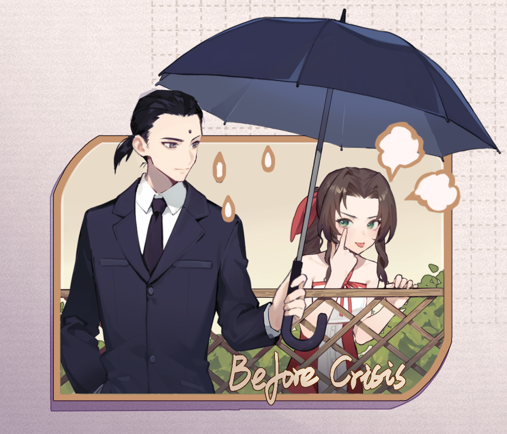 1boy, 1girl, aerith_gainsborough, bare_shoulders, before_crisis:_final_fantasy_vii, bindi, black_hair, black_necktie