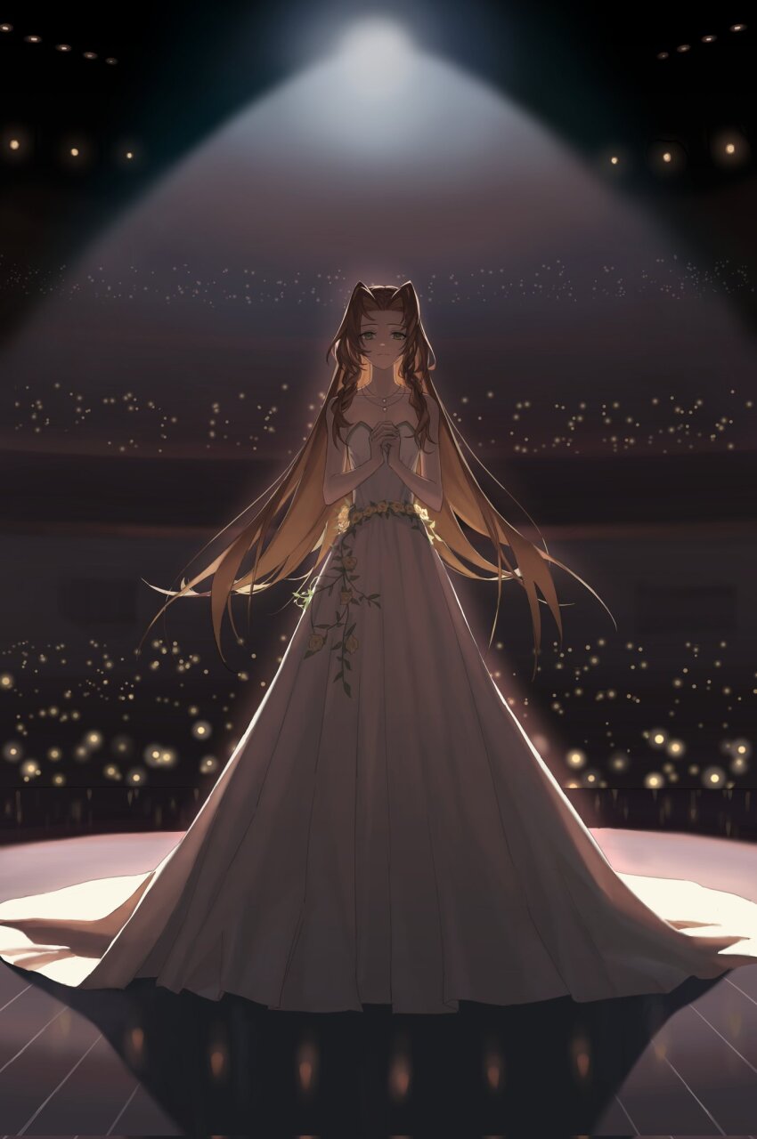 1girl, aerith_gainsborough, aerith_gainsborough_(white_floral_dress), audience, backlighting, bare_arms, bare_shoulders, breasts