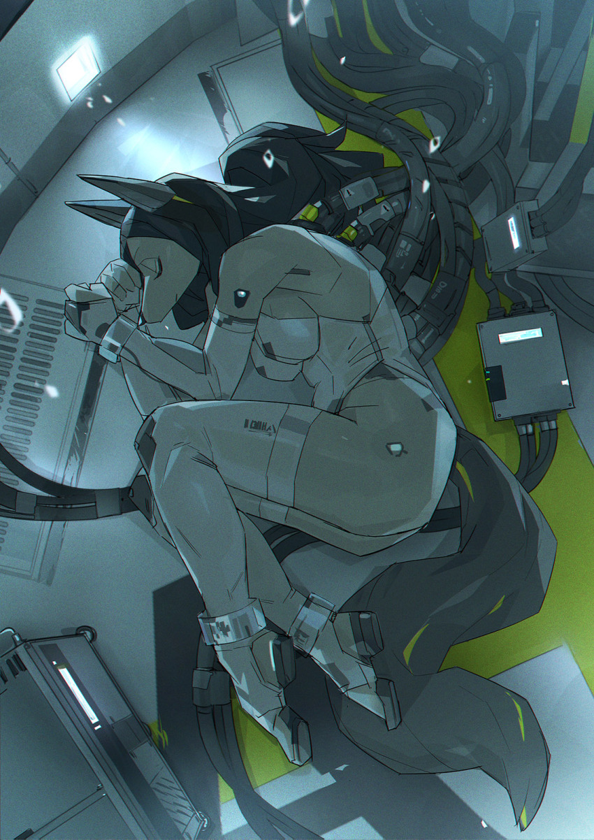 1girl, android, animal_ears, animal_nose, black_hair, boots, breasts, cable