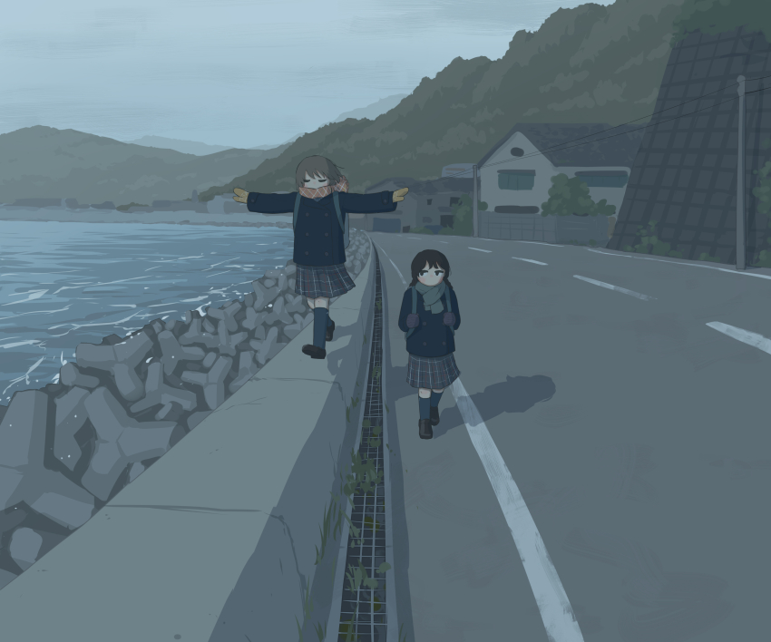 2girls, absurdres, avogado6, backpack, bag, balancing, black_coat, black_hair