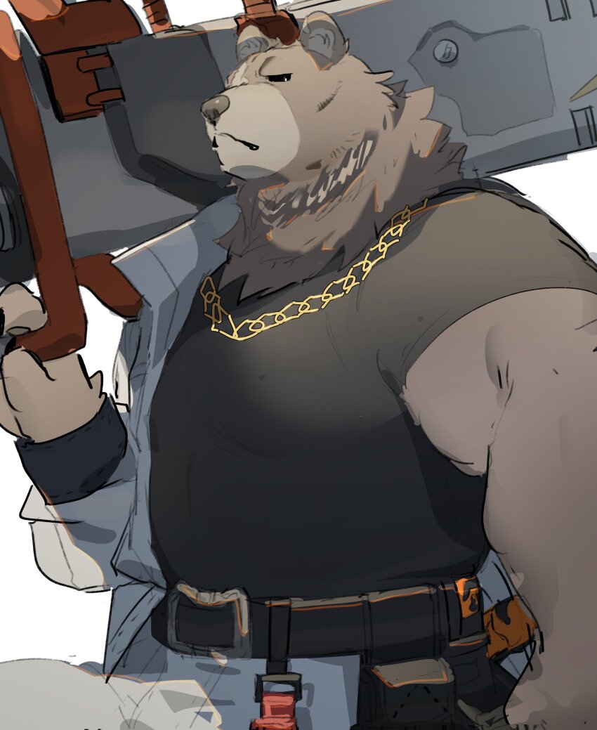 1boy, absurdres, animal_ears, bara, bear_boy, bear_ears, belt, ben_bigger