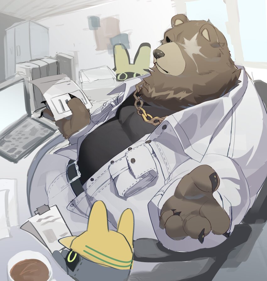 1boy, 2others, absurdres, animal_ears, bangboo_(zenless_zone_zero), bara, bear_boy, bear_ears