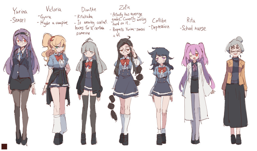 6+girls, adjusting_eyewear, ahoge, arms_at_sides, bilingual_text, black_footwear, black_hair, black_hairband