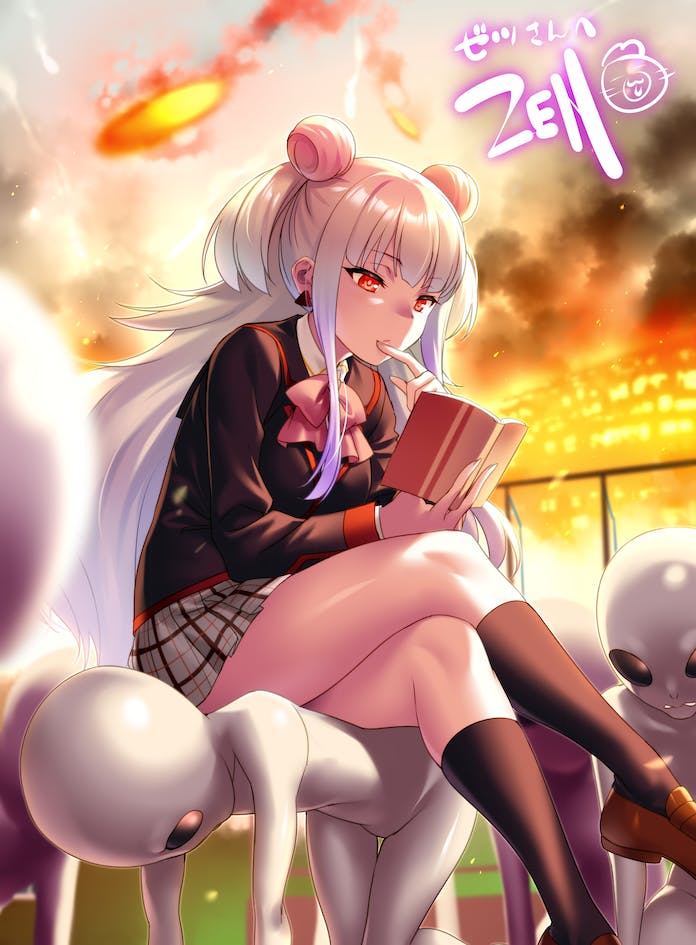 1girl, alien, all_fours, black_jacket, black_socks, blazer, blonde_hair, blunt_bangs