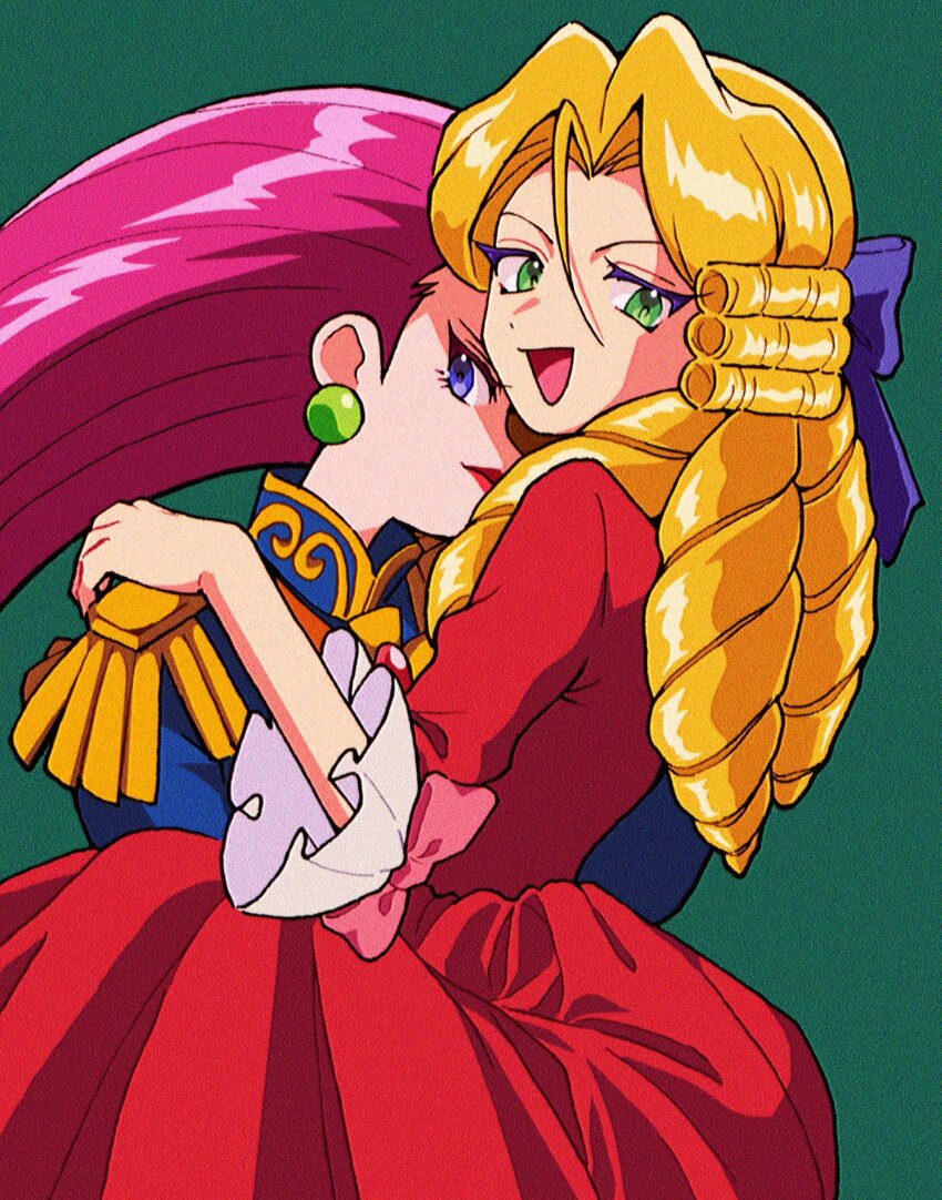 1boy, 1girl, blue_eyes, crossdressing, dress, green_background, green_eyes, hair_ribbon