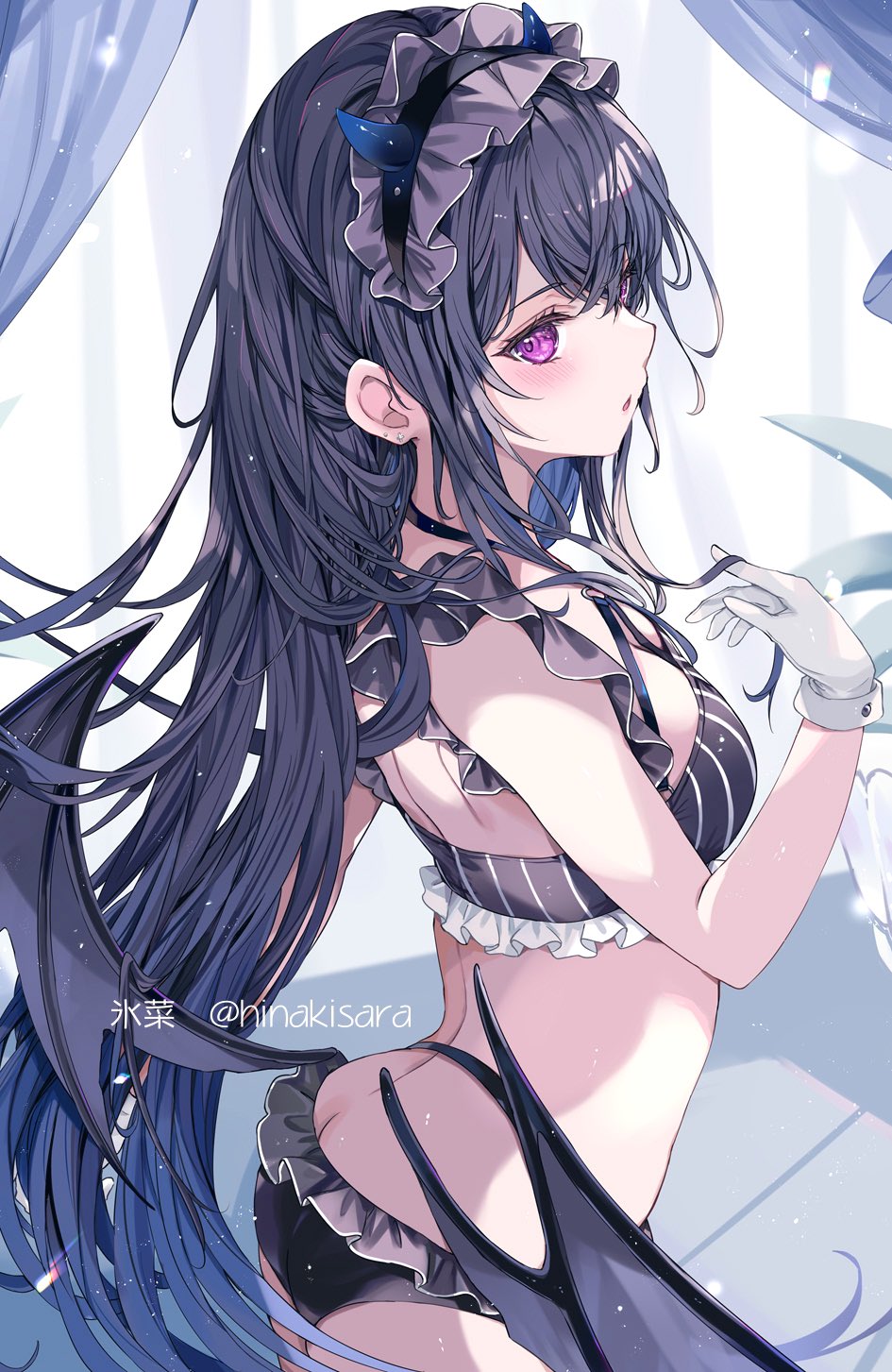 1girl, artist_name, ass_peek, black_hair, black_hairband, black_wings, breasts, cleavage