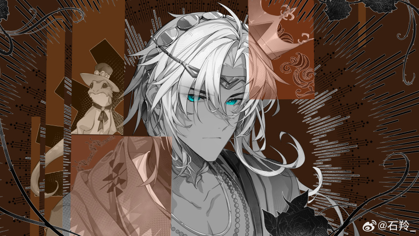 1boy, absurdres, animal, animal_on_shoulder, aqua_eyes, circlet, cloak, closed_mouth
