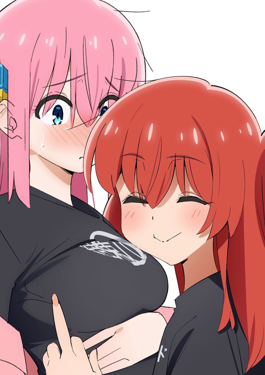 2girls, black_shirt, blush, bocchi_the_rock!, breasts, cheek_press, closed_eyes, gotoh_hitori