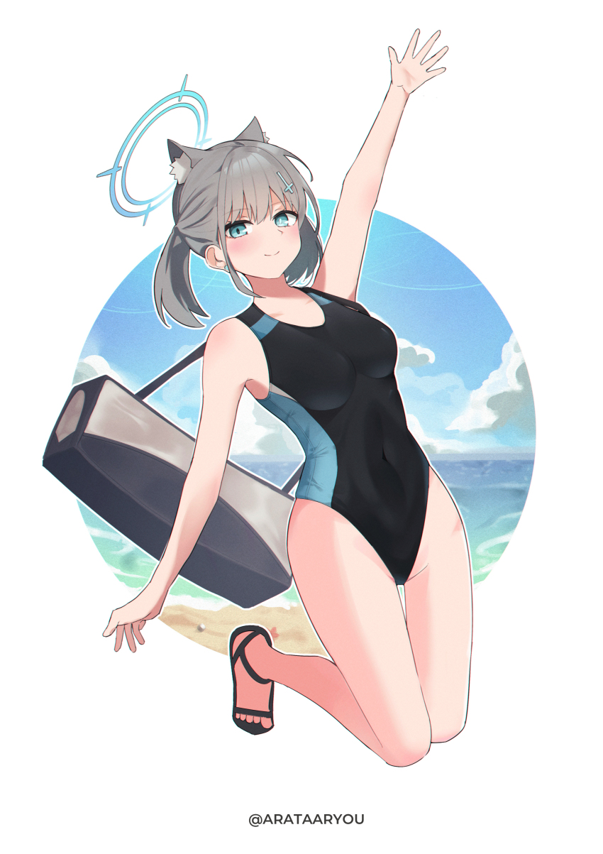1girl, absurdres, animal_ear_fluff, animal_ears, arata_ryou, bag, black_one-piece_swimsuit, blue_archive