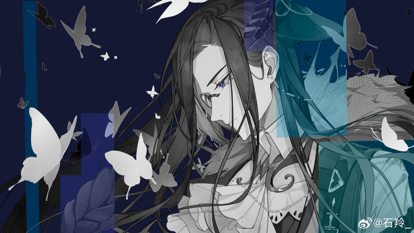 1boy, absurdres, ascot, blue_background, blue_eyes, braid, bug, butterfly